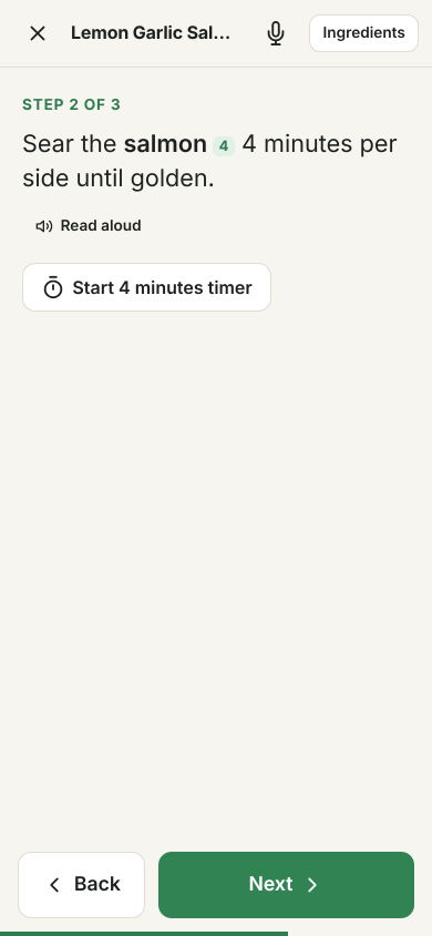 Cook mode showing one large step with ingredient amounts