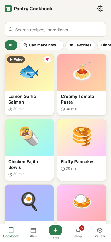 A cookbook of saved recipes with search and categories